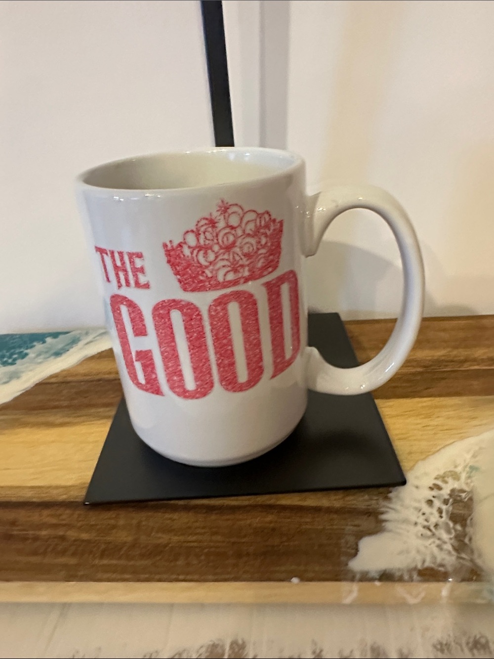 White Ceramic Mug with Red 'THE GOOD' Graphic and Green wicked